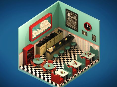 Diner Minecraft, Isometric Sketch, Kebab Shop, Tiny Worlds, Retro Cafe, Retro Diner, Building Concept, Isometric Art, Isometric Design