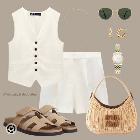 Zara Waistcoat Shorts Set Miu Miu Rattan Bag Hermes Chypre Sandals Rayban Sunglasses Zara Waistcoat, Waistcoat Outfit, Capsule Wardrobe Casual, Look Zara, Date Night Outfit Summer, Zara Summer, Look Put Together, Minimalist Fashion Women, Boho Summer Outfits