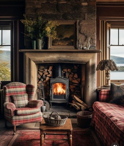 Preppy English Farmhouse Fireplace, Cosy Bedroom Decor, Cottage Fireplace, English Cottage Decor, Log Cabin Interior, Cosy Lighting, Cosy Cottage, Cosy Interior, Inglenook Fireplace