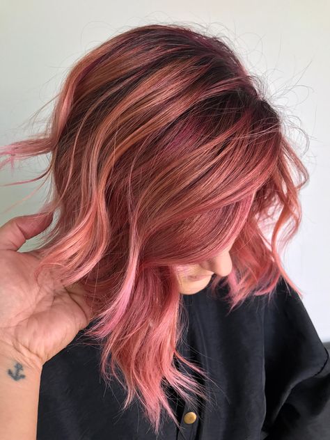 Copper Pink Balayage, Ashy Red Hair Balayage, Copper Hair With Pink, Rose Gold Toned Hair, Pink And Copper Hair, Copper Pink Hair, Copper And Pink Hair, Red And Pink Hair, Copper Rose Gold Hair