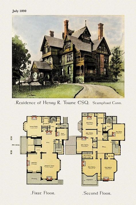 'Residence of Henry R. Towne, Esq.' Art Print | Art.com Vintage Floorplans, Medieval House, Architecture Blueprints, Victorian House Plans, Affordable House Plans, Sims Builds, Sims 4 House Building, Sims 4 House Plans, Vintage House Plans