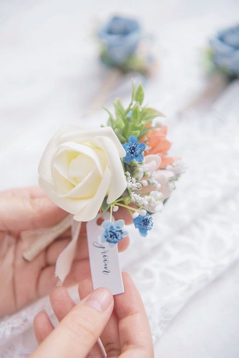 Corsage Ideas, Flower References, Rustic Groom, Blue Boutonniere, Blue And Blush Wedding, Handmade Bouquet, Peach Wedding Flowers, Rustic Boutonniere, Yellow Bouquets