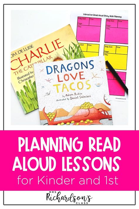 Are you looking for help planning read aloud lessons? Check out this easy to follow step by step guide to creating interactive read aloud lessons. Learn how to create plans for kindergarten and first grade that are effective and don't take hours of extra work! Plus, grab a FREE read aloud lesson planning sheet to help save you time! Learn more here! Lessons For Kindergarten, Read Aloud Lessons, Reading Strategies Anchor Charts, Interactive Read Aloud Lessons, Planning Sheet, Notes Plan, Guided Reading Activities, Interactive Writing, Guided Reading Lessons