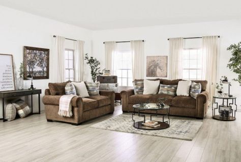 Osborne SM1295-LV Loveseat By Furniture Of AmericaBy sofafair.com Brown Stationary, Brown Couch Decor, Brown Leather Sofa Living Room, Brown Furniture Living Room, Leather Sofa Living Room, Sofa And Loveseat, Brown Couch, Sofa And Loveseat Set, Chenille Sofa