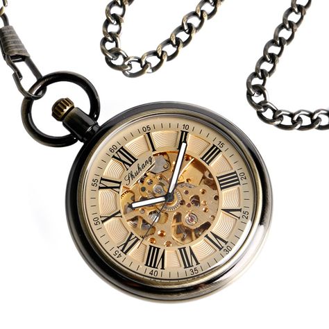 SHUHANG Pocket Watches with Fob Chain Luxury Antique Style Auto Mechanical Nursing Clock Self Steampunk Watch, Mechanical Pocket Watch, Retro Clock, Open Face, Pocket Watches, Peaky Blinders, Roman Numerals, Automatic Watch, Antique Style