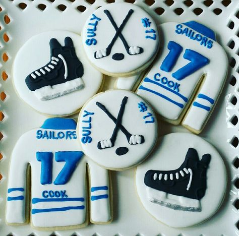 Hockey cookie set Sugar cookies Hockey jerseys Hockey skates Skate Cookies Decorated, Hockey Pucks Cookies, Skate Cookies, Ice Skating Cake, Skating Cake, Stick Cookies, Best Royal Icing Recipe, Hockey Birthday Parties, Field Hockey Stick