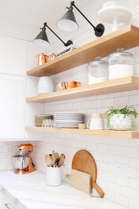 Open shelving kitchen ideas. floating white oak kitchen shelves. Kitchen remodel ideas for modern farmhouse style Kitchen Open Shelving Ideas, Shelving Kitchen, Kitchen Floating Shelves, White Oak Kitchen, Diy Floating Shelves, Oak Floating Shelves, Kitchen Shelf Decor, Floating Shelves Kitchen, Diy Accent Wall