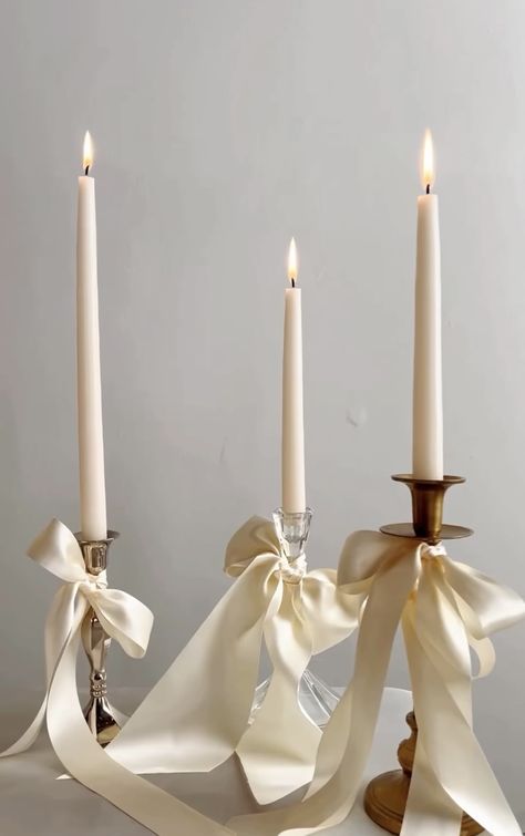 Blush Taper Candles, Tall Candles Wedding Table, Candles With Bows Wedding, Just Candles Wedding Table, Candle Sticks With Bows, Bows On Candlesticks, Bow Table Decor, Candles With Bows, Bow Tablescape