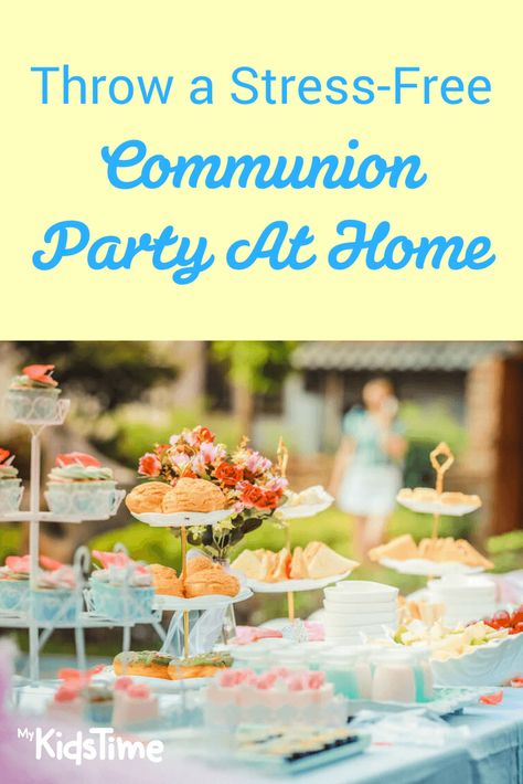 Throw A Stress-Free Communion Party At Home | MyKidsTime Primera Comunion Ideas Mesas, First Communion Party Ideas, Confirmation Ideas, First Communion Banner, Catholic Confirmation, Confirmation Party, Holy Communion Party, First Communion Cakes, Boys First Communion