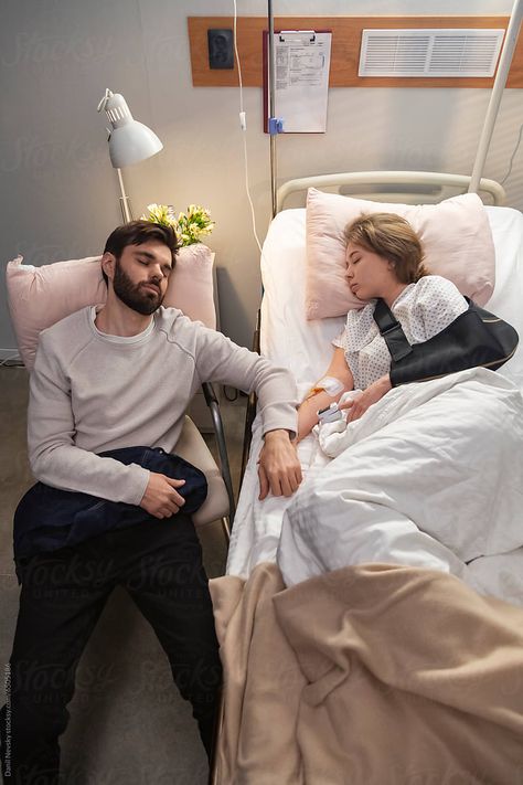 "Man Sleeping Near His Injured Wife In Hospital Bed, Holding Hands" by Stocksy Contributor "Danil Nevsky" - Stocksy Holding Hands In Bed, Wife In Hospital, Couples Asleep, In Hospital Bed, Man Sleeping, Hospital Bed, In Hospital, Reading Journal, Drawing Reference