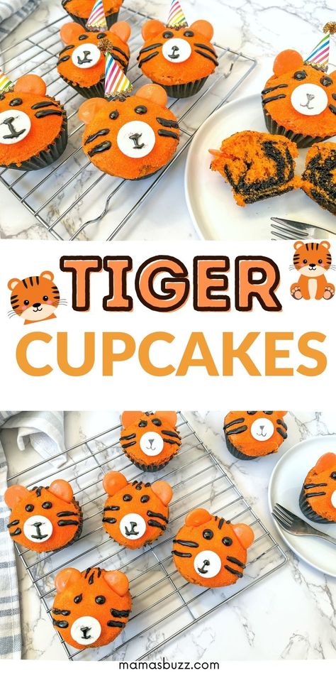 tiger cupcakes Fun Cupcakes For Kids, Tiger Cupcakes, Two Wild Party, Novelty Cupcakes, Kids Birthday Cupcakes, Easy Diy Kids, Tiger Birthday Party, Tiger Cake, Tiger Party