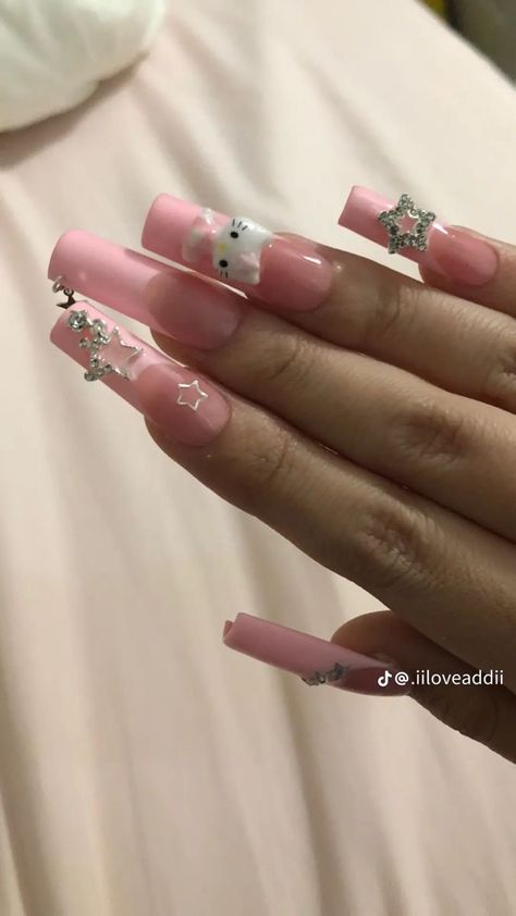 Long Gel Nails Ideas, Hello Kitty Nails Long, Kawaii Nails Acrylic, Hk Nails, Grunge Nails, Hello Kitty Nails, Really Cute Nails, Cat Nails, Gem Nails