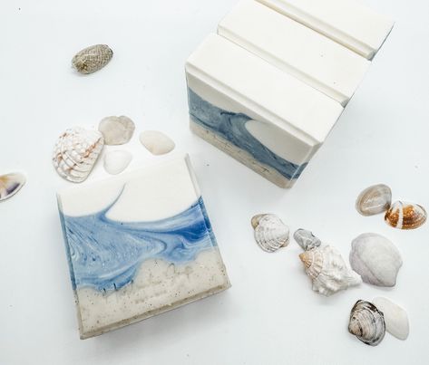 INSPIRATION - Our ocean wave cold process soap, infused with a refreshing ocean scent, captures the invigorating essence of the sea. Handcrafted to perfection, its swirling blue and white design mimics ocean waves, providing a rich, cleansing lather that leaves your skin feeling revitalized and lightly fragranced with the crisp, clean scent of the ocean. CRISP COTTON- BESTSELLER! Phthalate-free fragrance oil. It's a fresh blend of blood orange, seaberry, passionfruit, raspberry, starfruit, rose Ocean Soap, Beach Soap, Dessert Soap, Ocean Scent, Blue And White Design, Heart Diy, Homemade Soap Recipes, Homemade Soap, Clean Scents