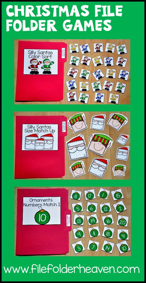 This Christmas File Folder Games Mini-Bundle focuses on basic matching and sorting skills.    This set includes nine unique file folder games with three bonus games for differentiation (for a total of 12 games!) These activities  focus on basic skills, such as matching picture to picture, matching shapes, matching numbers, matching letters, matching by size, sorting by size, sorting by color, and sorting by likeness and differences. File Folder Games Free, File Folder Games Preschool, Games Preschool, Shapes Matching, Folder Ideas, Matching Shapes, December Lessons, Folder Activities, Christmas Preschool