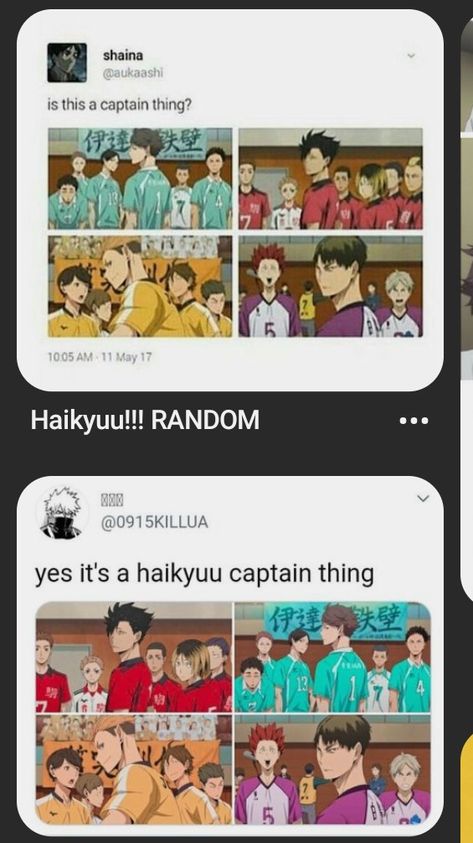 Haikyuu Meme - The Question, The Answer . Volleyball anime funny joke . Is it the captain thing ? Yes , it's a Haikyuu captain thing . Team captains looking over the shoulder ;) Haikyuu At The Beach, Haikyuu Captains Squad, Haikyuu Captains, Haikyuu Pfp, Haikyuu Pictures, Anime Love Quotes, Haikyuu Meme, Haruichi Furudate, Haikyuu Wallpaper