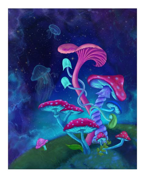 Fantasy illustration of colorful, entwined purple, blue and red, mushrooms in space. In the background mushroom jellyfish are floating in a celestial blue sky. Space Mushroom Painting, Mushroom Tripping Art, Magic Mushroom Drawing, Mushroom Fairy Art, Trippy Mushroom Art, Magic Mushroom Art, Space Mushroom, Mushroom Ideas, Psilocybin Mushrooms