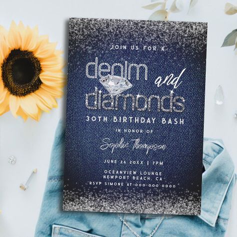 Denim And Diamonds Theme, 98th Birthday, 30th Birthday Bash, Birthday Typography, Diamond Theme, Thirtieth Birthday, Denim Background, Chic Birthday Party, 30th Birthday Party Invitations