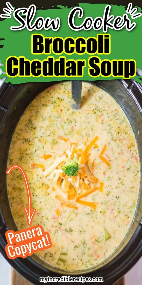 Broccoli Cheddar Soup Panera, Soup Panera, Mustard Butter, Slow Cooker Broccoli, Broccoli Cheddar Soup Recipe, Cheddar Soup Recipe, Carrots Broccoli, Creamy Soups, Food Crockpot