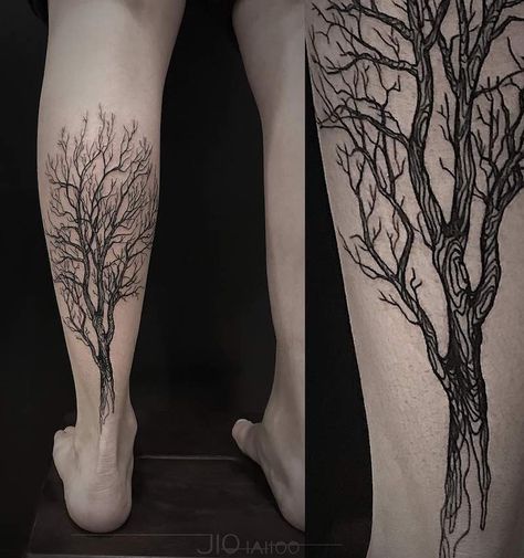 Tree Tattoo by Jio Tree On Leg Tattoo, Detailed Tree Tattoo, Calf Tree Tattoo, Tree Tattoo Men Leg, Tree Calf Tattoo, Leafless Tree Tattoo, Spooky Tree Tattoo, Creepy Tree Tattoo, Fine Line Tree Tattoo