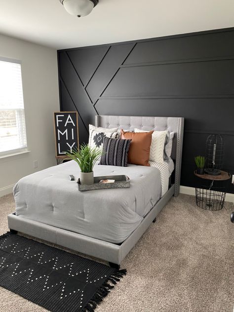 Black Accent Wall Bedroom Grey Headboard, Black Accent Wall Guest Bedroom, Bedroom Black Feature Wall, Black Wall Grey Bed, Black Wall Grey Headboard, Black Wall Ideas Bedroom, Grey Bedroom Decor Accent Wall, Black White Grey Wood Bedroom, Black Board And Batten Wall Bedroom