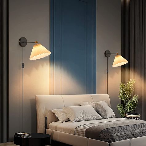 Bedside Table Wall Mounted Lights, Wall Mounted Plug In Lights, Bed Side Lamp Shade, Wall Mounted Plug In Bedside Lamps, Bed Wall Lighting, Bed Side Wall Lamp, Plug In Wall Lights Bedroom, Plug In Sconces Next To Bed, Bedroom Wall Lights Beside Bed