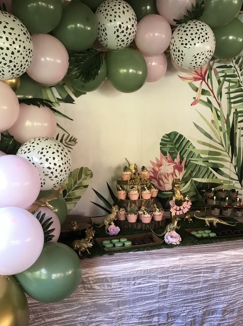 Dinosaur And Tutu Birthday Party, Pink And Green Dinosaur Party, Girly Dinosaur Party Decorations, Baby Girl Dinosaur Baby Shower Ideas, Pink Dinosaur Party Decorations, Girl Dinosaur Birthday Party Decorations, Threerex Birthday Girl Party, Girl Dinosaur Baby Shower Ideas, Toddler Girl Dinosaur Birthday Party