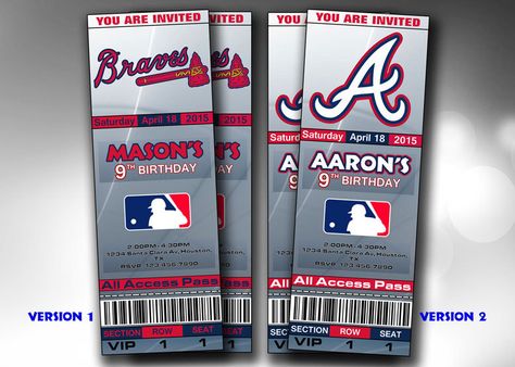 Atlanta Braves Party, Atlanta Braves Birthday, Yankees Party, Brave Birthday Party, Braves Party, Baseball Ticket, Atlanta Braves Baseball, Baseball Teams, Baseball Birthday Party