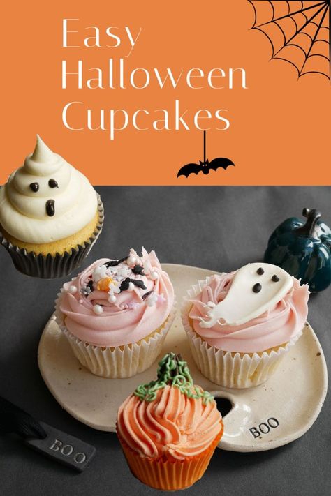 Four simple Halloween cupcake designs perfect for spooky season. I'm showing you how to decorate cupcakes in the style of ghosts (two designs), a pumpkin and simply using Halloween themed sprinkles. | Green Kitchen Bakes | Youtube Tutorial Cupcake Ideas Halloween, Halloween Cupcake Designs, Easy Halloween Cupcake Decorating Ideas, Halloween Cupcake Decorating Ideas, Cupcake Decoration Ideas, Halloween Cupcake Decorating, Halloween Cupcake Design, How To Decorate Cupcakes, Halloween Cupcake Ideas