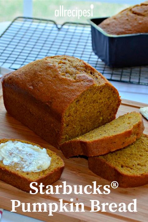 SS: this Starbucks pumpkin bread is a pretty close duplicate of the Starbucks recipe, and pretty yummy. I'd make it again. Allrecipes Pumpkin Bread, Pumpkin Bread Starbucks, Pumpkin Bread Recipes, Starbucks Pumpkin Bread, Pumpkin Bread Pudding, Moist Pumpkin Bread, Pumpkin Loaf, Starbucks Pumpkin, Pumpkin Bread Recipe