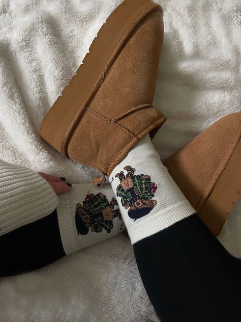 Platform Uggs Aesthetic, Ralph Lauren Socks Outfit, Polo Socks With Uggs, Uggs With Socks, Ugg Girl Aesthetic, Ugg Styling, Fall Uggs Aesthetic, Winter Uggs Aesthetic, Ugg Fall Aesthetic