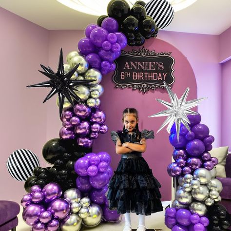 PRICES MAY VARY. BLACK AND PURPLE BALLOONS GARLAND KIT: these purple garland kit includes 112pcs latex balloon in different sizes (color in purple, black, chrome purple and silver, size in 5inch, 10inch,12inch，18inch) with 2pcs silver and black exploding star balloons, 2pc gothic style black and white striped foil balloon, 3pcs balloon arch accessories.glue dots,ribbons,arch strip for diy balloon arch kit. PERFECT FOR GOTHIC BIRTHDAY DECORATIONS: We offers important elements of a Gothic-themed p Black And Metallic Purple Balloons, Purple And Black Balloon Backdrop, Balloon Arch Photo Backdrop Purple, Pj Masks Balloon Arch, Black White And Purple Backdrop, Rapunzel Hair Balloon Garland, Purple Silver Black Party, Gothic Birthday Party, Purple Balloon Arch