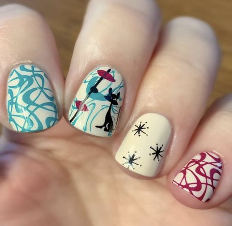 Mid Century Nail Art, Mid Century Modern Nail Art, Mid Century Modern Nails, Mid Century Nails, Atomic Nails, Nail Stamping Ideas, Stamped Nails, Cat Nail Art, Sheer Nails