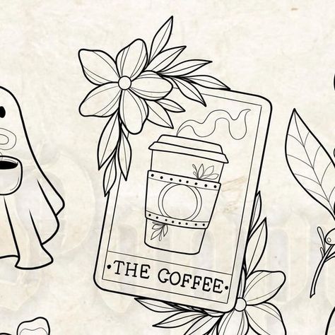 Spooky Coffee Tattoo, Coffee Flash Tattoo, Coffee Tattoo Design, Fine Line Coffee Tattoo, Iced Coffee Tattoo Ideas, Espresso Tattoo, Coffee Flower Tattoo, Coffee Drawing Aesthetic, Iced Coffee Tattoo