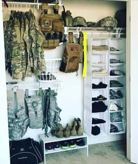 Army Closet Organization, Hunting Clothes Storage Ideas, Army Gear Organization, Hunting Gear Storage Bedroom, Tactical Gear Room Organization, Army Organization, Army Barracks Room Decor, Tactical Gear Room, Hunting Gadgets