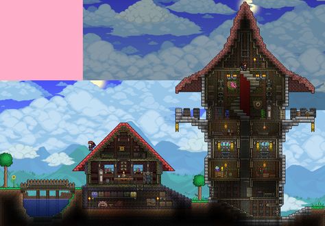 Clever entrance trap! I like the bridge, and cozy main floor! Terraria Mine Entrance, Terraria Base, Terraria Houses, Mine Entrance, Terraria Game, Terrarium Base, Terraria House, Terraria Builds, House Cute