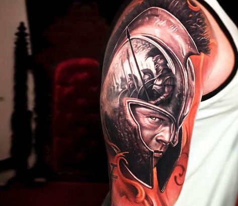 Very nice 2 colors realistic tattoo style of Achilles from Troy movie done by artist Arlo DiCristina | Post 21207 | World Tattoo Gallery - Best place to Tattoo Arts Troy Tattoo, Arlo Tattoo, Arlo Dicristina, Herren Hand Tattoos, Roman Tattoo, Gladiator Tattoo, Fire Fighter Tattoos, Spartan Tattoo, Armor Tattoo