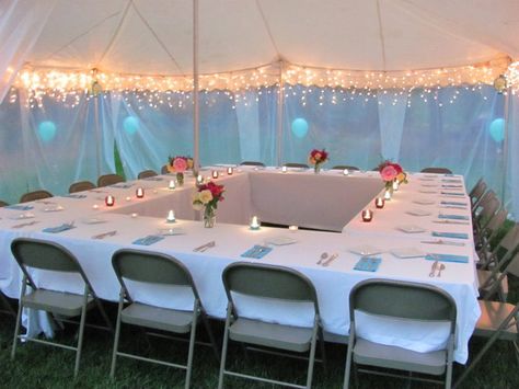 Outside Party Table Set Up, Indoor Party Table Setup, Outdoor Christmas Party Ideas Tent, 10x20 Tent Party Decor, Rectangle Table Set Up For Party, Thanksgiving Tent Decor, Graduation Party Tent Decorations, U Shape Table Set Up Party, Food Table Set Up For Party Layout