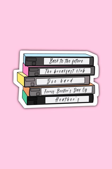 VHS stack of 80's classic films vinyl covered sticker measuring 4cm x 6cm. Ideal for scrapbook, instrument case or picture frame decoration. Available in a glossy white or clear finish - £2.00 Vhs Stack, 80s Stickers, 90s Stickers, 90s Graphic Design, Retro Stickers, Frame Decoration, Picture Frame Decor, 90s Cartoon, Mini Journal