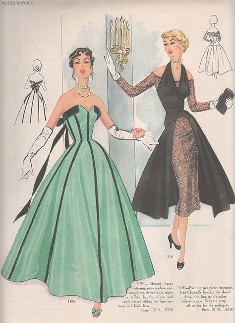 50s evening wear Old Fashion Magazine, 1950s Fashion Illustration, Vintage Fashion Sketches, 1950’s Fashion, 1950 Fashion, Fashion Illustration Vintage, Fifties Fashion, Look Retro, Vintage Dress Patterns