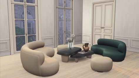 PARIS Set Part 3:) | Felixandre on Patreon Round Couch, Curved Couch, Cc Sims4, Round Sofa, Sims Four, Sims4 Clothes, Sims 4 Cc Furniture, Sims 4 Build, Curved Sofa