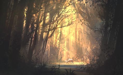 ArtStation - Woodland, David Frasheski Forest Landscape Drawing, Environmental Concept Art, Forest Drawing, Forest Sunset, Trees Forest, Art Album, Digital Painting Tutorials, Sunset Art, Fantasy Art Landscapes