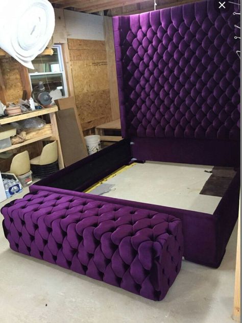 Purple Bed Frame, Purple Bed, Bedroom Revamp, Purple Furniture, Tufted Headboards, Purple Mattress, Purple Bedding, Purple Bedroom, Tall Headboard