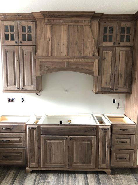 Rustic Wood Cabinets Kitchen, Cool Kitchen Features, Knotty Alder Stain Colors, Chestnut Cabinets, Knotty Alder Kitchen Cabinets, Kitchen Beams, Wood Farmhouse Kitchen, Knotty Alder Kitchen, Alder Kitchen Cabinets