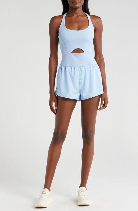 Go for a run in this one-and-done romper featuring a cutout knit tank with cross-back straps and easy woven running shorts. 28" length; 2" inseam; 30" leg opening (size Medium) Scoop neck Back zip pocket Lined 68% polyamide, 32% elastane Machine wash, tumble dry By Free People; imported