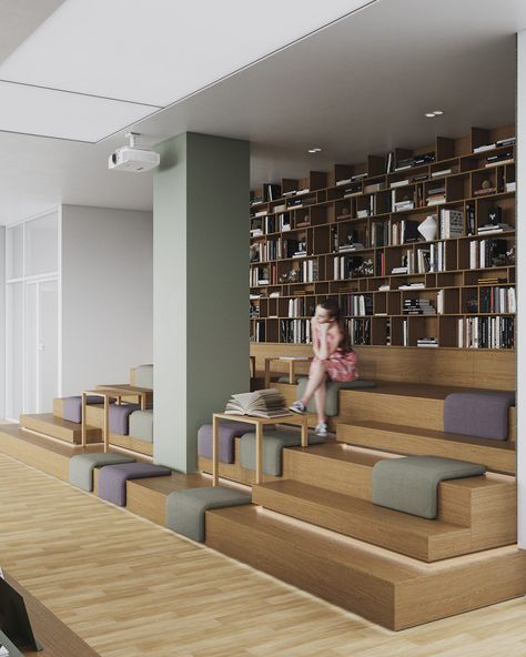 Flexible Learning Spaces, Innovative Classroom Design, Industrial Classroom, Innovative School Design, Tiny Community, Functional Architecture, Classroom Architecture, Public Library Design, Library Seating