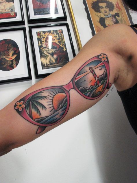 done by @deivid_tattooer . #paradise #summertime #glasses #traditionaltattoos #bcntattoo #oldschooltattoo #classictattoo #traditional #tattoos #barcelona Sunglasses Tattoo Ideas, Rose Colored Glasses Tattoo, Sunglasses Tattoo, Friends Tattoos, Beach Goth, Stained Glass Tattoo, Glasses Tattoo, Paradise Tattoo, Traditional Style Tattoo