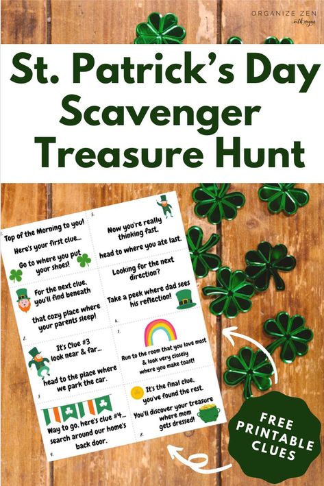 Celebrate the luck of the Irish with your family with this St. Patrick’s Day Treasure Hunt. A St. Patrick's Day scavenger style hunt for kids that is simple to prepare and tons of fun to do! You will get 8 free printable rhyming clues to place around your home to lead your children to a surprise pot of gold at the end! #stpatricksday #freeprintable #scavengerhunt Saint Patrick’s Day Scavenger Hunt, Leprechaun Scavenger Hunt, Treasure Hunt Riddles, Scavenger Hunt Riddles, Treasure Hunt For Kids, Lucky Charms Cereal, Top Of The Morning, March Activities, Scavenger Hunt For Kids