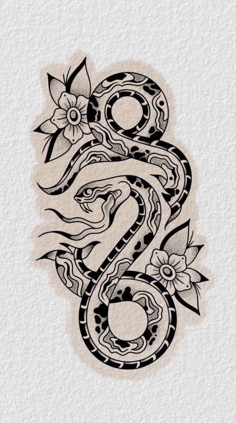 American Traditional Filler Ideas, Trad Snake Tattoo Design, Tradional Tattoo Women, Traditional Tattoos Snake, Big American Traditional Tattoo, Snake American Traditional Tattoo, Traditional Style Snake Tattoo, Heavy Black Tattoo, Traditional Lily Tattoo