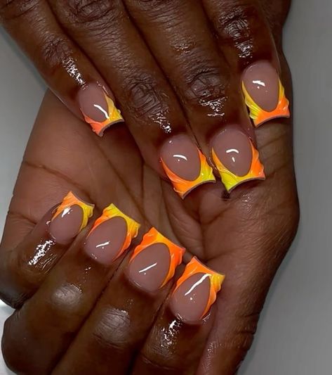 Nails Orange Design, Orange And Yellow Nail Designs, Orange Short Nails, Orange French Tip, Carnival Nails, Bright Orange Nails, Orange Acrylic Nails, Birthday Nail Designs, Orange Nail Designs