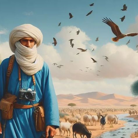 Beautiful sight of a Tuareg man with hills, sand dunes, valleys, a herd of ewes and birds behind him...  #artificial_intelligence #intelligence aiart# #aiartworks #aiartdaily #generativeart #aiartcommunity #digitalart #generatedart #art #digitalpainting #artist #touareg #tuareg #artwork #digitalartist #characterdesign #characterart #fantasyart #fantasyartwork #fantasy #ai #darkartists #arte #canvaspainting #art #color Tuareg Art, Beautiful Sights, Art Color, Sand Dunes, Generative Art, Fantasy Artwork, Digital Painting, Digital Artist, Fantasy Art